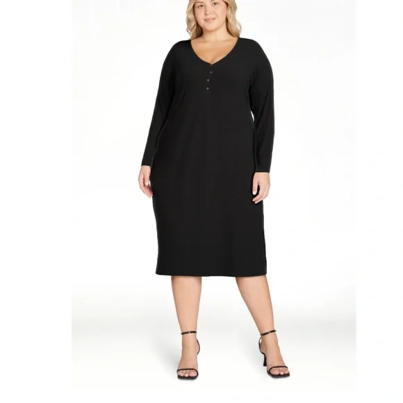 Terra & Sky | Dresses | Terra And Sky Womens Black Ribbed Knit Henley Midi  Dress Size 2x New | Poshmark